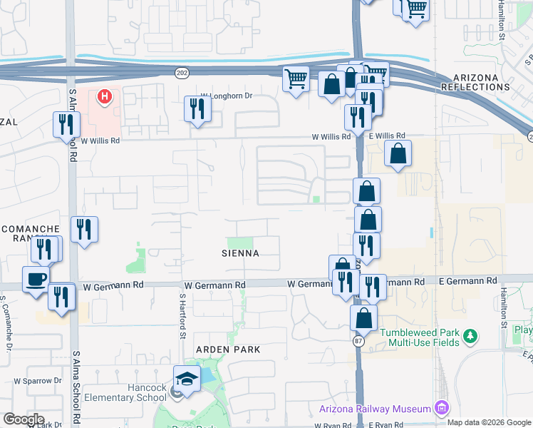 map of restaurants, bars, coffee shops, grocery stores, and more near 343 Mobile Home Park in Chandler