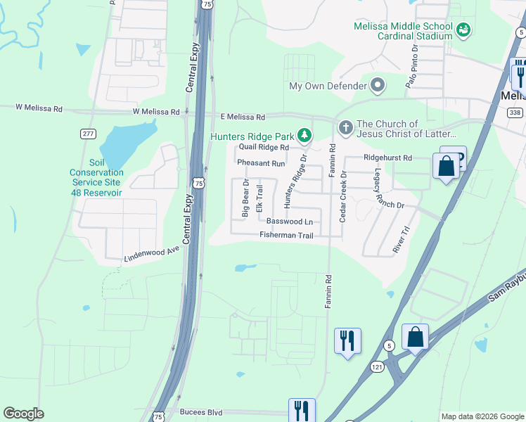 map of restaurants, bars, coffee shops, grocery stores, and more near 487 Forest Lane in Melissa