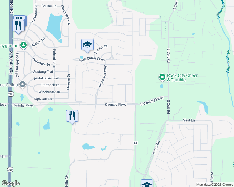 map of restaurants, bars, coffee shops, grocery stores, and more near 4280-4462 County Road 83 in Celina