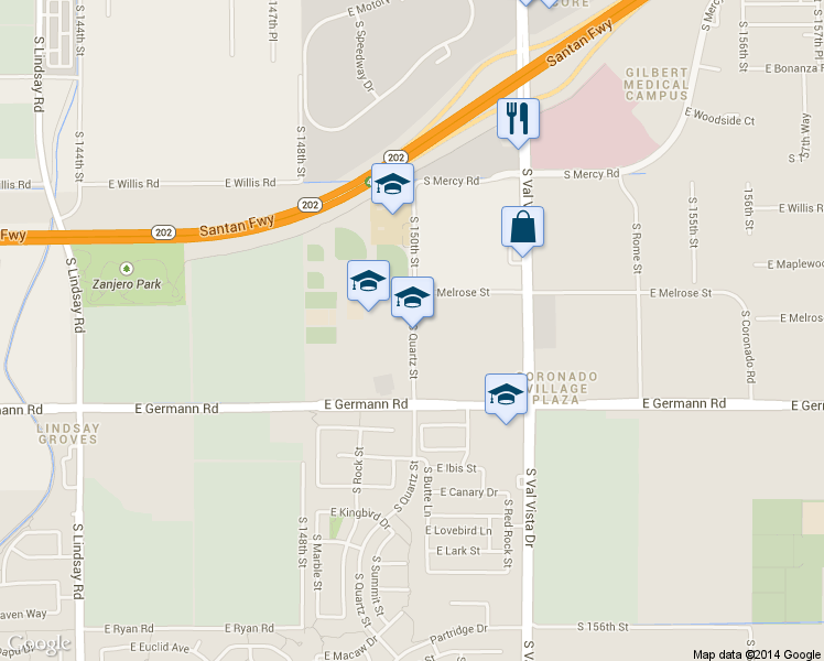 map of restaurants, bars, coffee shops, grocery stores, and more near 18667 S Quartz St in Gilbert