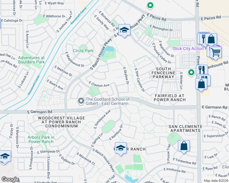 map of restaurants, bars, coffee shops, grocery stores, and more near 4281 East Claxton Avenue in Gilbert