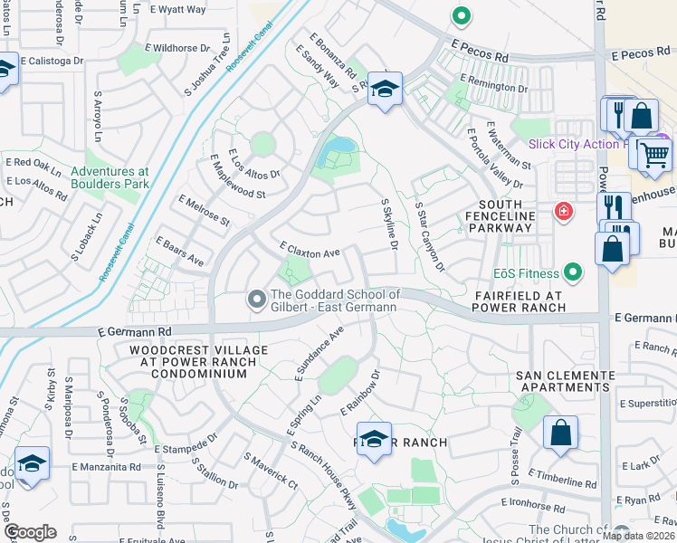 map of restaurants, bars, coffee shops, grocery stores, and more near 4205 East Claxton Avenue in Gilbert