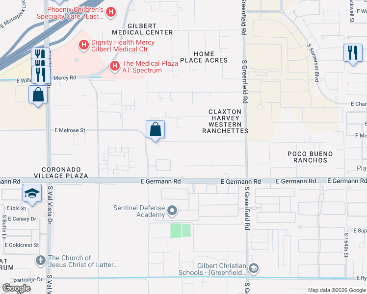 map of restaurants, bars, coffee shops, grocery stores, and more near 2111 East Melrose Street in Gilbert