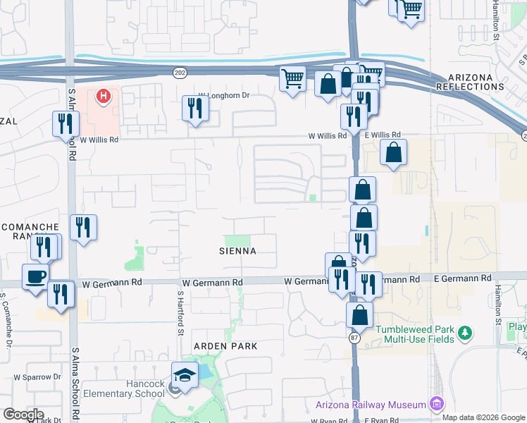map of restaurants, bars, coffee shops, grocery stores, and more near 343 Mobile Home Park in Chandler