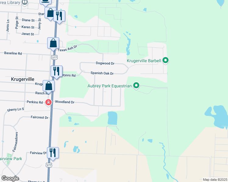 map of restaurants, bars, coffee shops, grocery stores, and more near 110 Live Oak Drive in Krugerville
