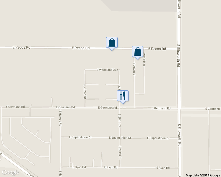 map of restaurants, bars, coffee shops, grocery stores, and more near 8731 E Waterford Cir in Mesa