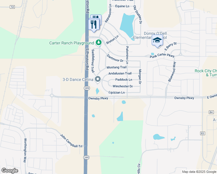 map of restaurants, bars, coffee shops, grocery stores, and more near 412 Winchester Drive in Celina