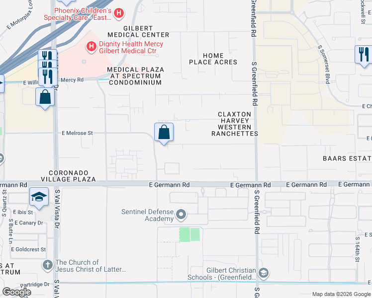 map of restaurants, bars, coffee shops, grocery stores, and more near 2111 East Melrose Street in Gilbert
