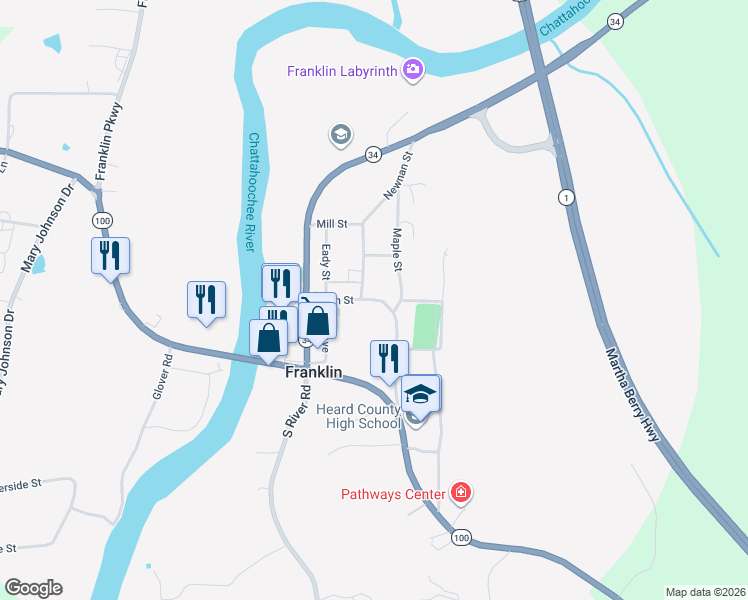 map of restaurants, bars, coffee shops, grocery stores, and more near 343 Main St in Franklin