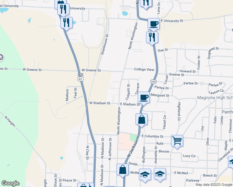 map of restaurants, bars, coffee shops, grocery stores, and more near 1401 North Washington in Magnolia
