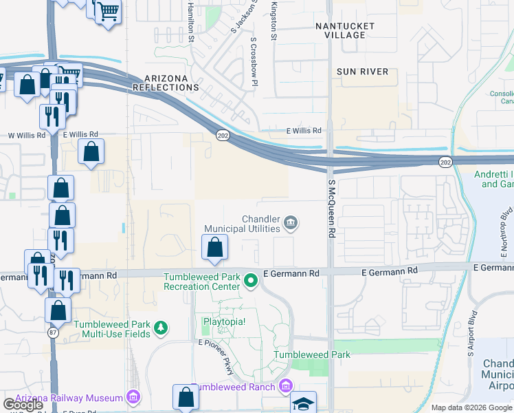 map of restaurants, bars, coffee shops, grocery stores, and more near 1031 East Armstrong Way in Chandler