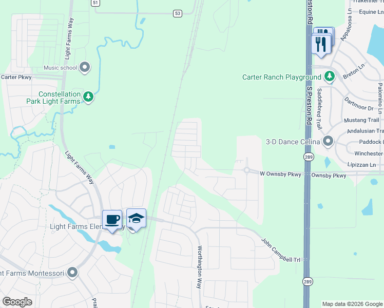 map of restaurants, bars, coffee shops, grocery stores, and more near 3055 South Preston Road in Celina