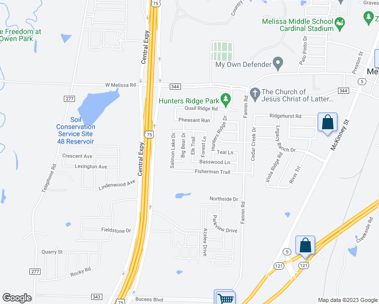 map of restaurants, bars, coffee shops, grocery stores, and more near 383 Elk Trail in Melissa
