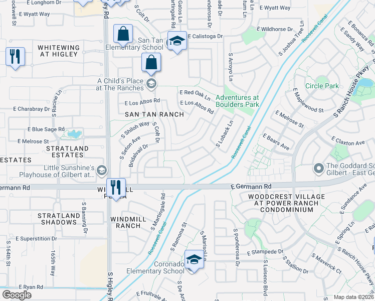 map of restaurants, bars, coffee shops, grocery stores, and more near 3516 East Claxton Avenue in Gilbert