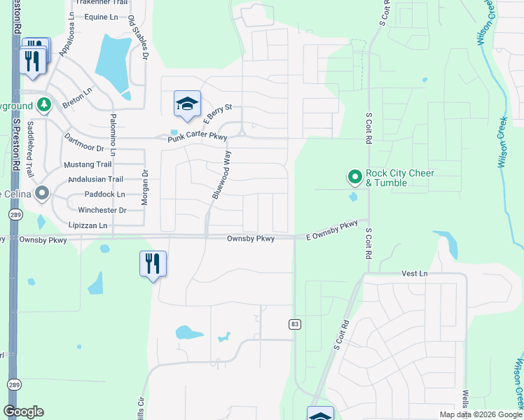 map of restaurants, bars, coffee shops, grocery stores, and more near 3216 Puffin Lane in Celina