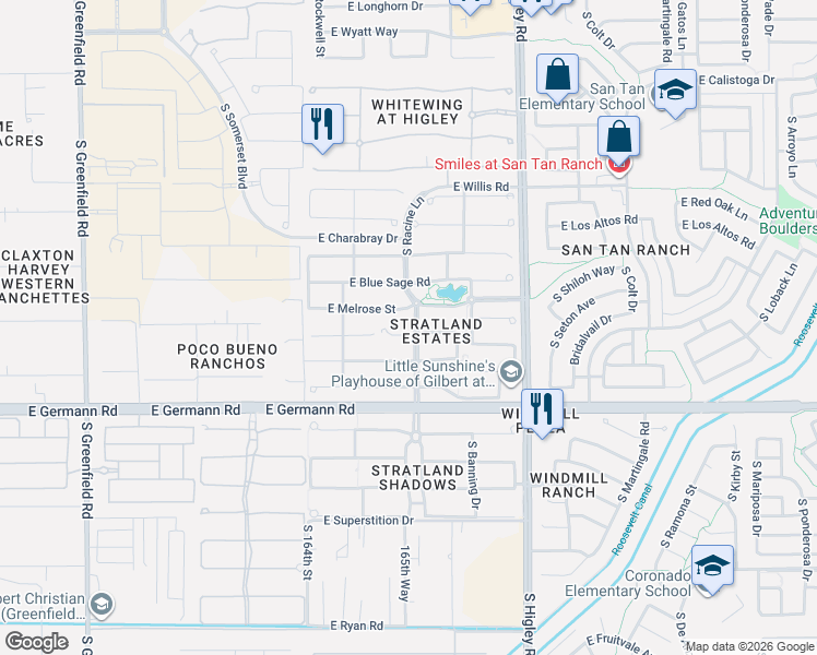 map of restaurants, bars, coffee shops, grocery stores, and more near 2939 East Melrose Street in Gilbert