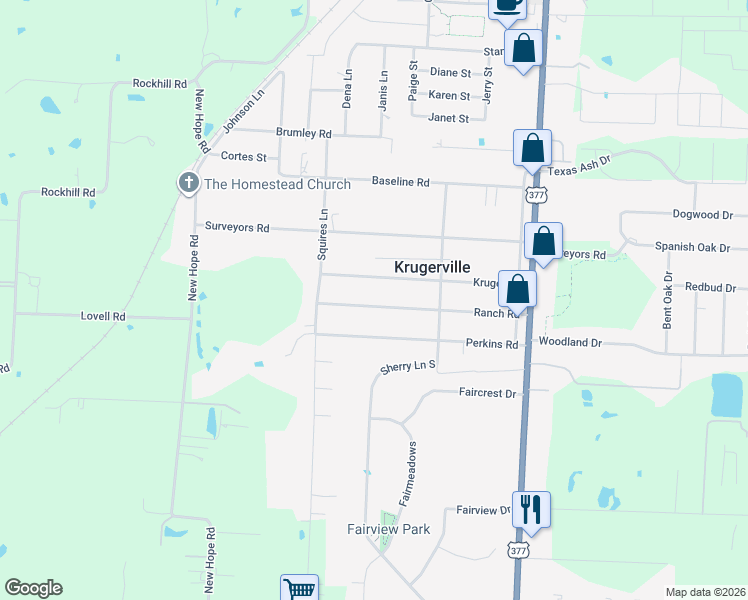 map of restaurants, bars, coffee shops, grocery stores, and more near 214 Ranch Road in Krugerville