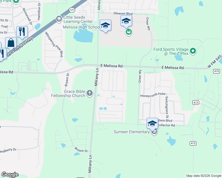 map of restaurants, bars, coffee shops, grocery stores, and more near 3621 East Melissa Road in Melissa
