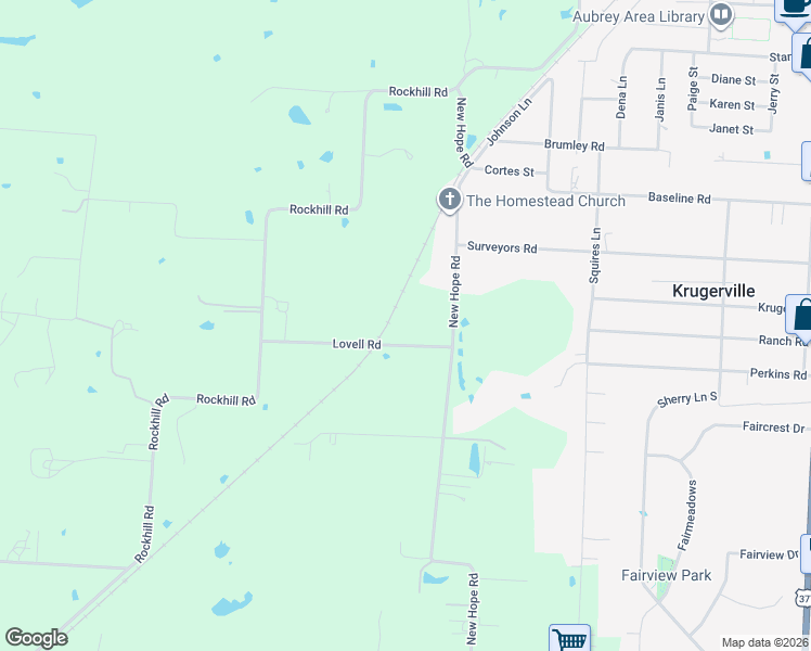 map of restaurants, bars, coffee shops, grocery stores, and more near 7313 Lovell Road in Aubrey