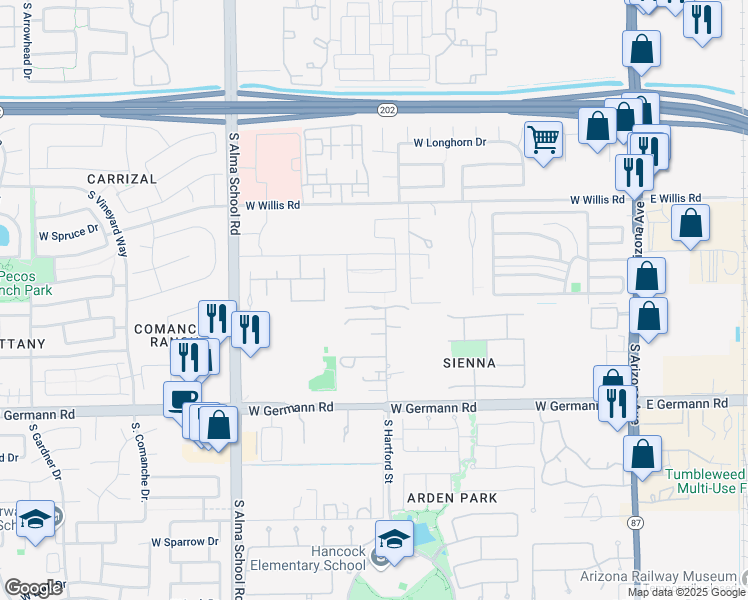 map of restaurants, bars, coffee shops, grocery stores, and more near 703 West Armstrong Way in Chandler
