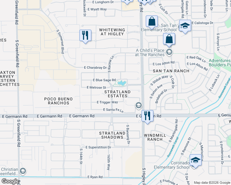 map of restaurants, bars, coffee shops, grocery stores, and more near 3024 East Baars Avenue in Gilbert