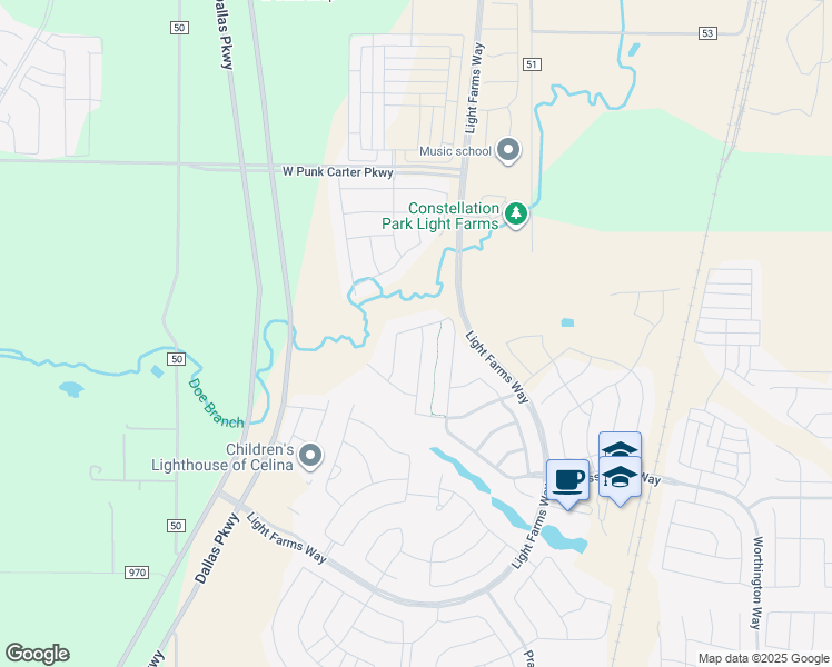 map of restaurants, bars, coffee shops, grocery stores, and more near 3351 Bellcrest Way in Prosper