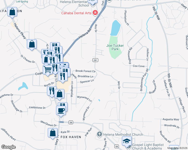 map of restaurants, bars, coffee shops, grocery stores, and more near 9008 Brookline Lane in Helena
