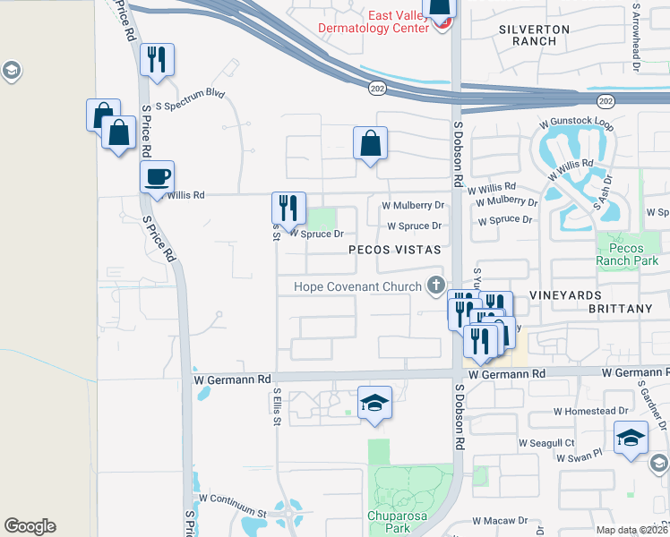 map of restaurants, bars, coffee shops, grocery stores, and more near 2332 West Enfield Way in Chandler