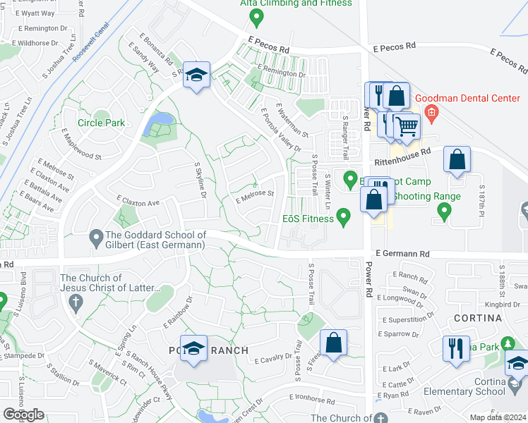 map of restaurants, bars, coffee shops, grocery stores, and more near 4513 East Trigger Way in Gilbert