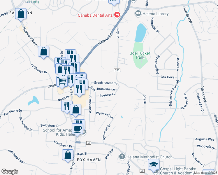 map of restaurants, bars, coffee shops, grocery stores, and more near 9058 Brookline Lane in Helena