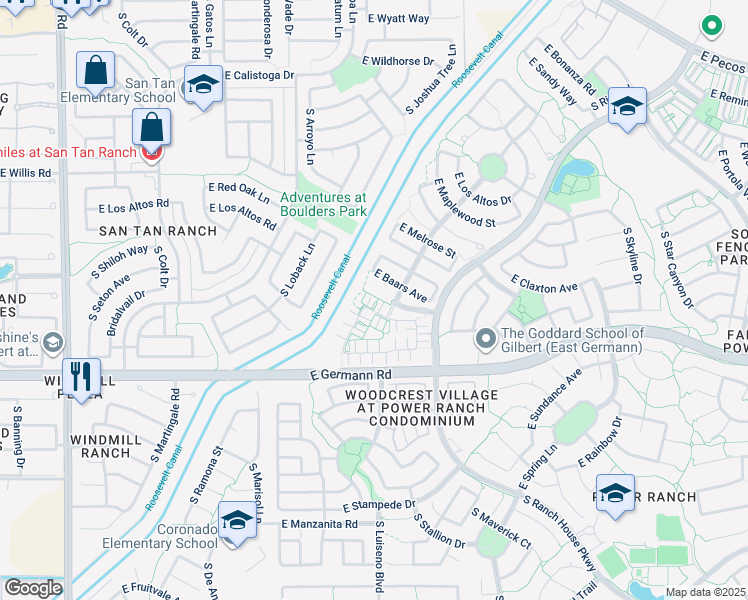 map of restaurants, bars, coffee shops, grocery stores, and more near 3796 East Trigger Way in Gilbert