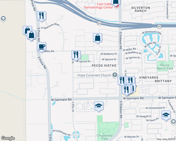 map of restaurants, bars, coffee shops, grocery stores, and more near 2332 West Enfield Way in Chandler