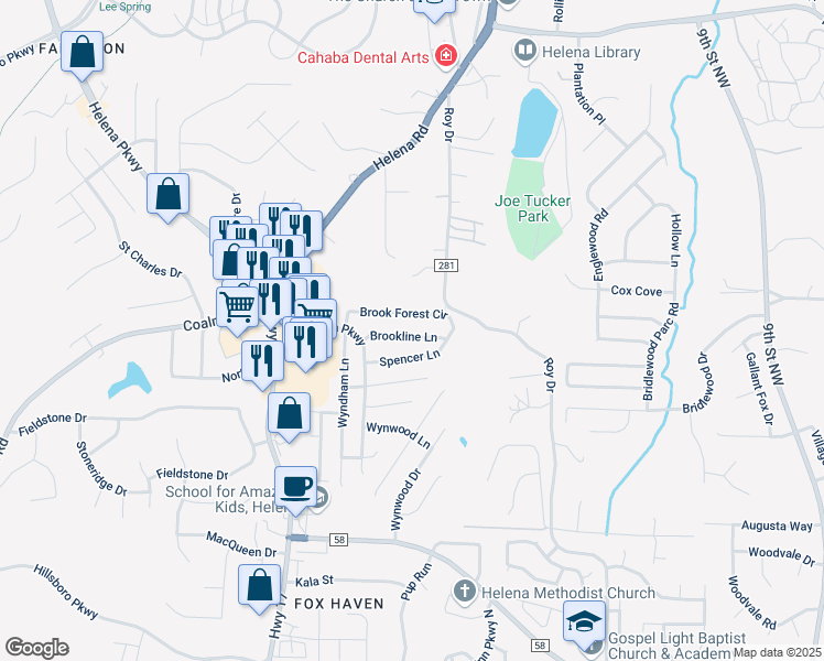 map of restaurants, bars, coffee shops, grocery stores, and more near 9058 Brookline Lane in Helena