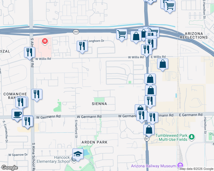 map of restaurants, bars, coffee shops, grocery stores, and more near 343 Mobile Home Park in Chandler