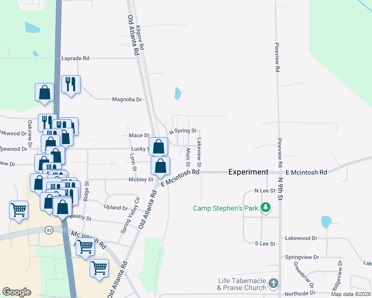 map of restaurants, bars, coffee shops, grocery stores, and more near 317 Main Street in Griffin
