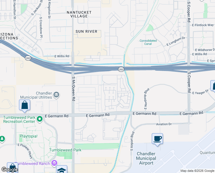 map of restaurants, bars, coffee shops, grocery stores, and more near 1270 East Thompson Way in Chandler