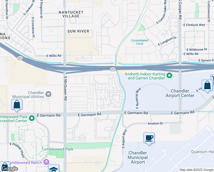 map of restaurants, bars, coffee shops, grocery stores, and more near 1334 East Thompson Way in Chandler