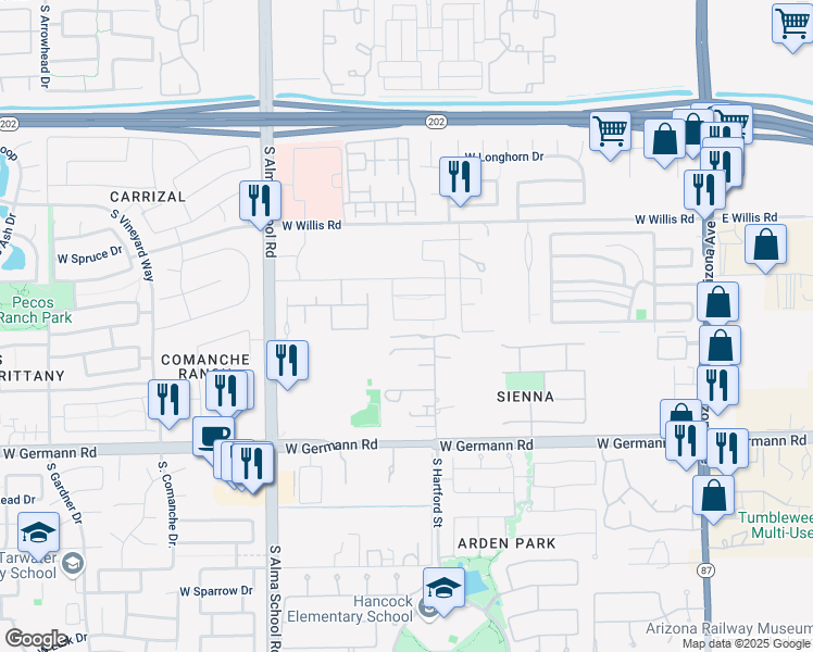 map of restaurants, bars, coffee shops, grocery stores, and more near 743 West Armstrong Way in Chandler