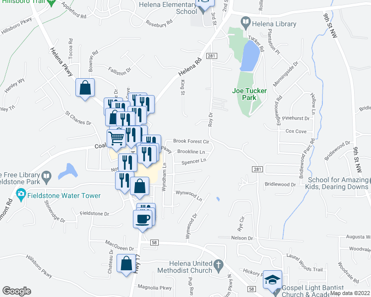 map of restaurants, bars, coffee shops, grocery stores, and more near 9106 Brookline Lane in Helena