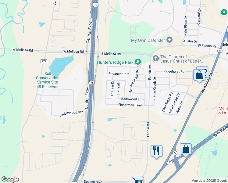 map of restaurants, bars, coffee shops, grocery stores, and more near 284 Big Bear Drive in Melissa
