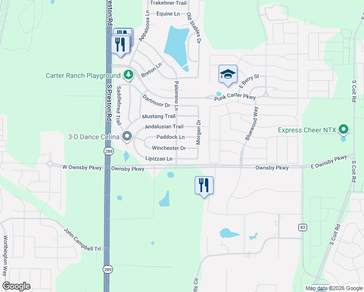 map of restaurants, bars, coffee shops, grocery stores, and more near 502 Winchester Drive in Celina