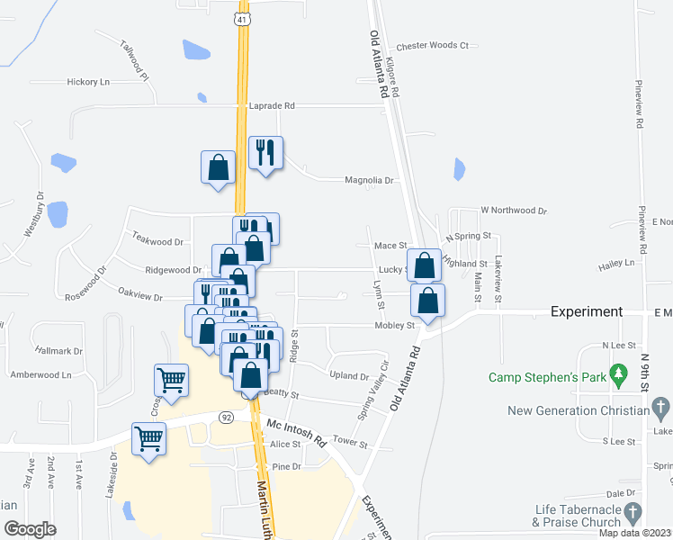 map of restaurants, bars, coffee shops, grocery stores, and more near 1452 Lucky Street in Griffin