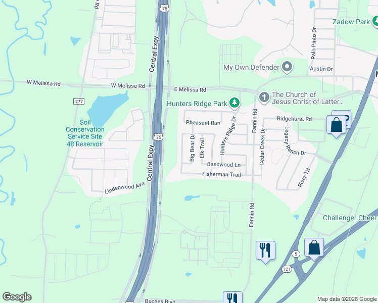 map of restaurants, bars, coffee shops, grocery stores, and more near 284 Big Bear Drive in Melissa