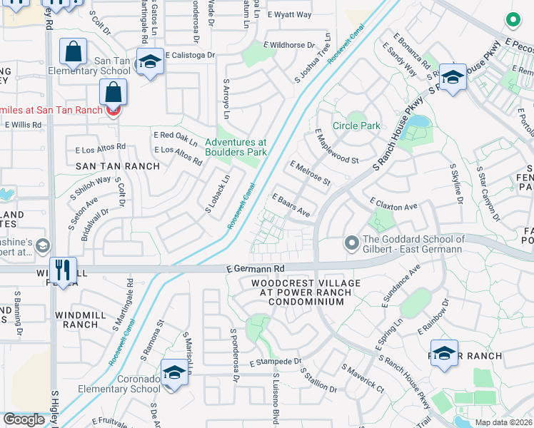 map of restaurants, bars, coffee shops, grocery stores, and more near 3798 East Trigger Way in Gilbert