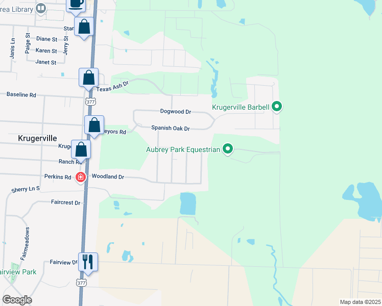 map of restaurants, bars, coffee shops, grocery stores, and more near 110 Live Oak Drive in Krugerville
