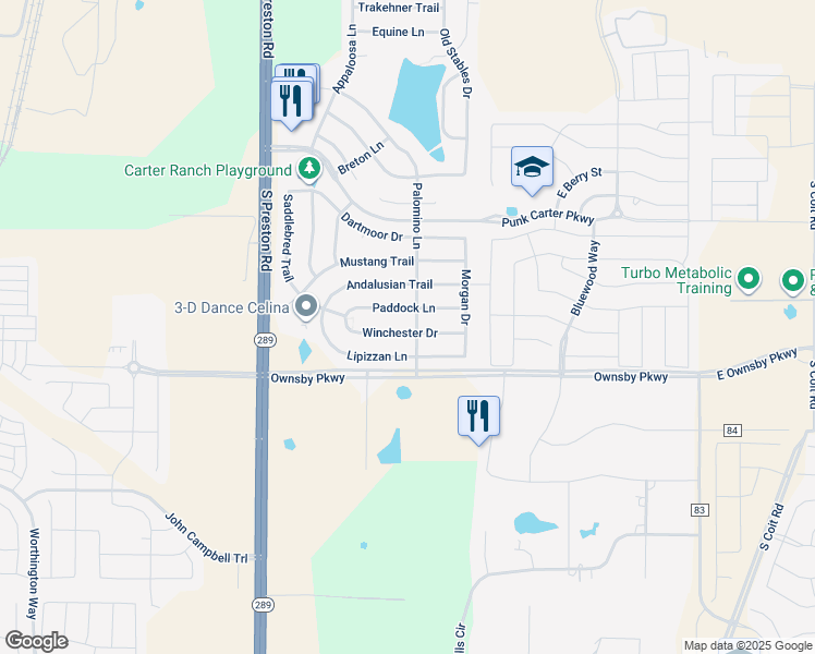 map of restaurants, bars, coffee shops, grocery stores, and more near 432 Winchester Drive in Celina