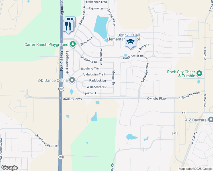 map of restaurants, bars, coffee shops, grocery stores, and more near 506 Winchester Drive in Celina