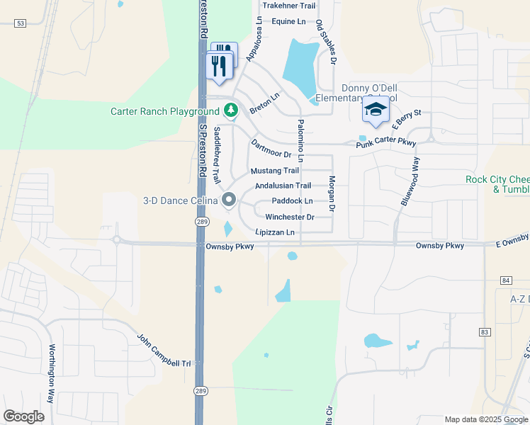 map of restaurants, bars, coffee shops, grocery stores, and more near 412 Winchester Drive in Celina