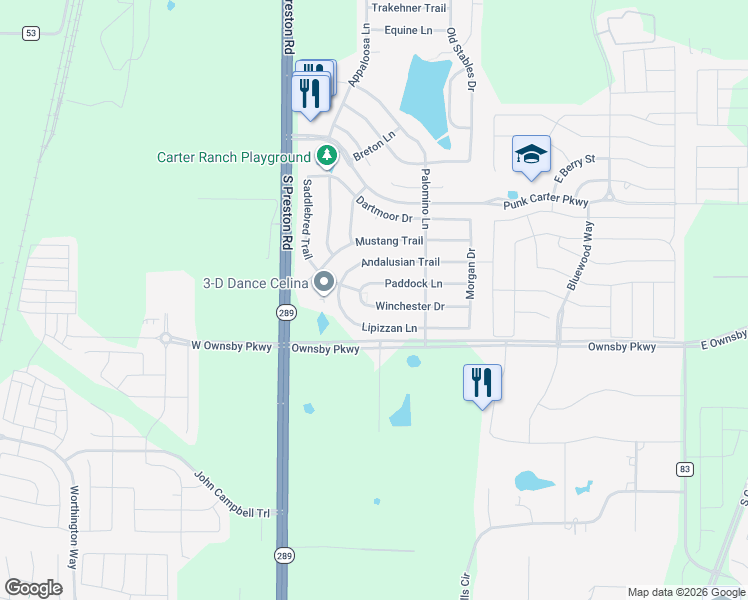 map of restaurants, bars, coffee shops, grocery stores, and more near 412 Winchester Drive in Celina