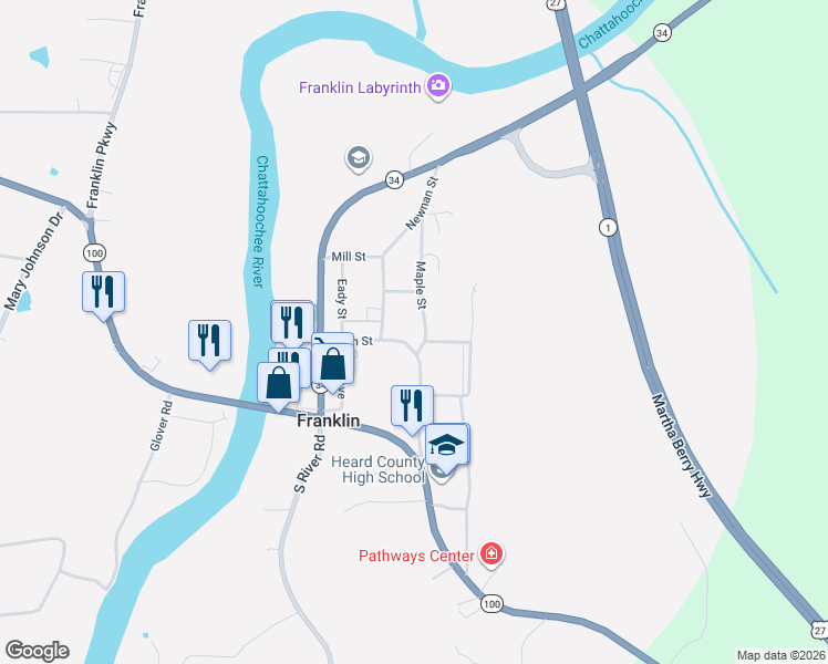 map of restaurants, bars, coffee shops, grocery stores, and more near 343 Main Street in Franklin
